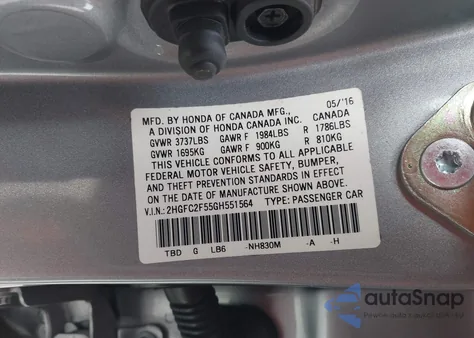 2016 Honda Civic Lx из США, поврежденный, VIN 2HGFC2F55GH551564